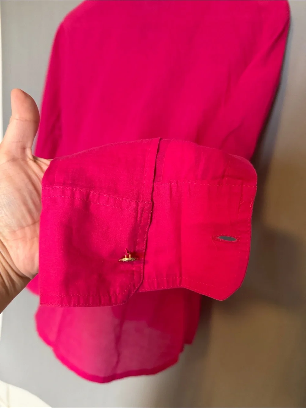 Tory Burch Fuchsia Pink Linen Utility Button Down Shirt Gold Logo Buttons Sz 10